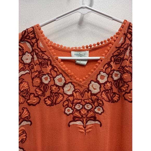 Sundance Womens BOHO Peasant Top Small Orange Floral Embroidered Silk Casual - Picture 3 of 8
